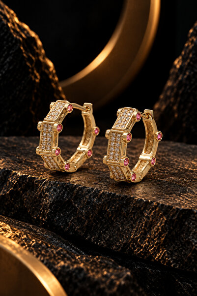 Shinestar atelier Pembe Zirkon Taşlı Gold Renk Geometrik Halka Kadın Küpe – M...