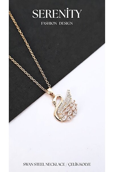 Serenity Swan Figure Gold Color Zircon Stone Steel Necklace