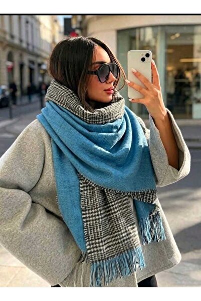 Betülce “Kadın Kışlık Ekoseli Yünlü Şal - Çift Taraflı Omuz Şalı / Oversize B...