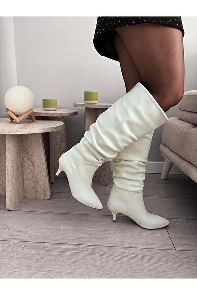 asmi shoes Women's White Heeled Blindfold Stylish Daily Comfortable Boots
