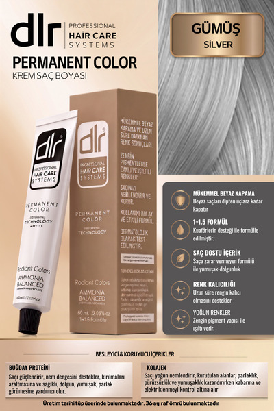 DLR Color Kalıcı Saç Boyası 60ml Gümüş (SİLVER) - Yoğun Beyaz Kapatma-Renk ve...