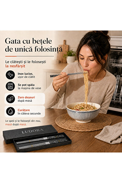 LUDORA Bete chinezesti pentru mancare,inox, set de 2, rezistente la spalare, cu imprimeuri florale colorate