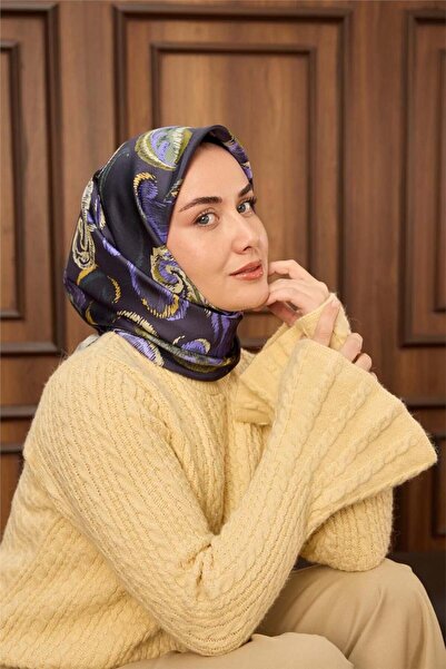 Silk Home Twill İpek Eşarp Morcivert-Funda Desenli Tok Duruşlu 90x90
