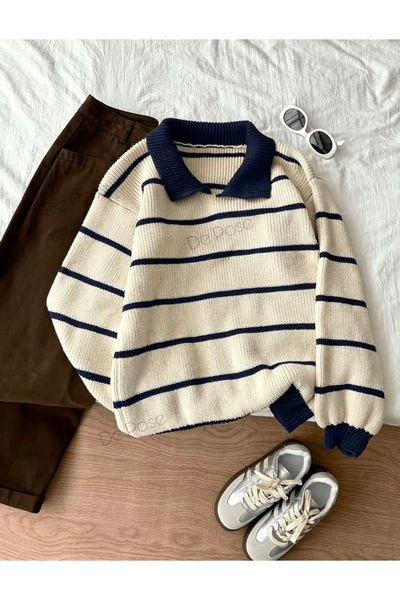 De Pose Ecru Navy Blue Thessaloniki Knitted Polo Neck Oversize Women's Knitwe...