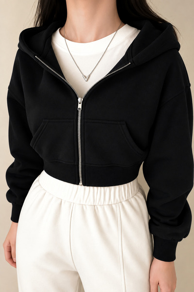 BYMEER Black Hooded Cropped Zip-Front Sweatshirt Cardigan