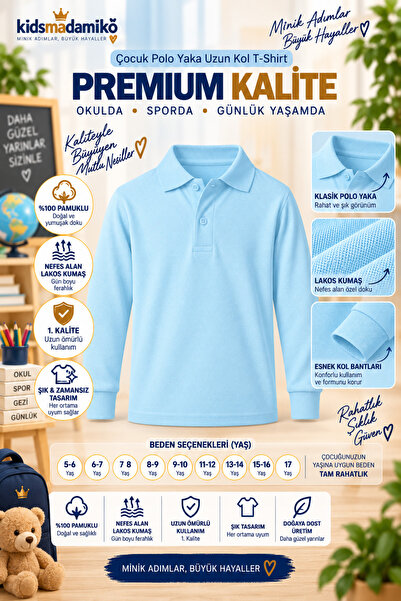 Kidsmadamiko Erkek Çocuk Uzun Kollu T-shirt Polo Yaka Pamuklu Bedenler Yaşlar...