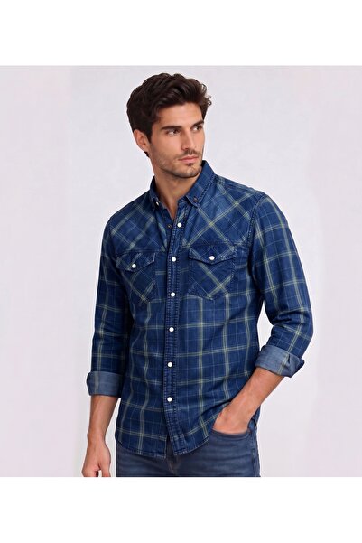 FSR FUSARO Erkek Denim Ekose Pamuklu Çıtçıt Düğmeli Slim Fit Uzun Kollu Gömlek