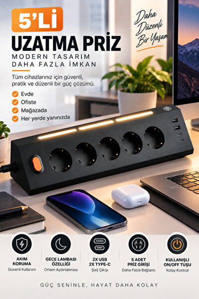 asua 5'Lİ Gece Lambalı Priz Akım Gerilim Korumalı Çoklu Priz 2XUSB 2XType-C Ç...