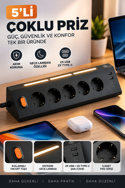 MATECHNO 5'Lİ Gece Lambalı Priz Akım Gerilim Korumalı Çoklu Priz 2XUSB 2XType...