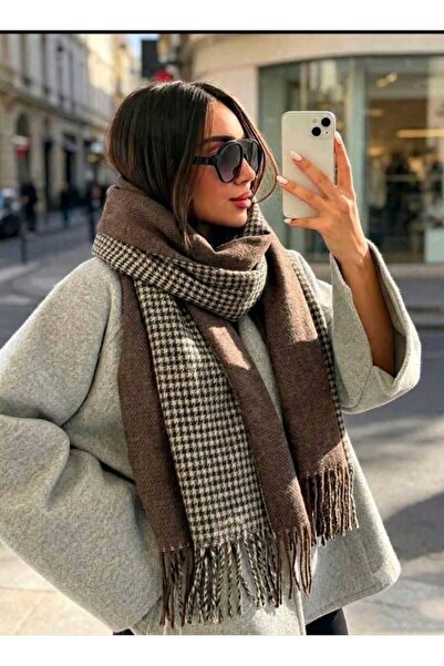 Betülce “Kadın Kışlık Ekoseli Yünlü Şal - Çift Taraflı Omuz Şalı / Oversize B...