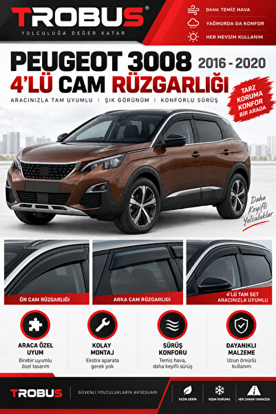 TROBUS Peugeot 3008 2009-2024 Cam Rüzgarlığı 4lü Takım