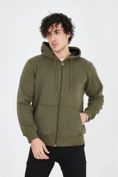 Simala Men's Hooded Plain Zippered Cardigan - Green