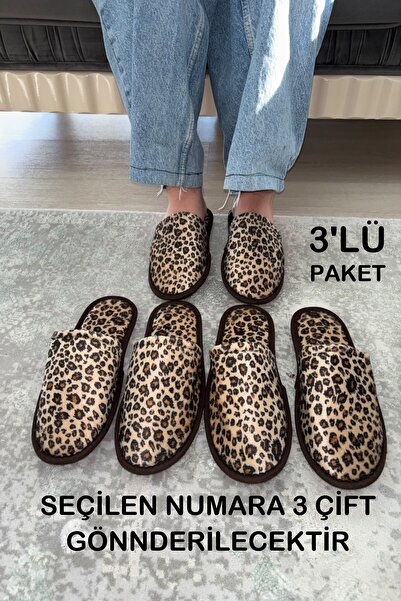 Marka Vizyon 3'lü Paket Leopar Desen Kadın Ev terliği Çeyizlik Bohça Misafir ...