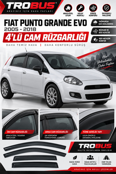 TROBUS Fiat Punto Grande Evo (2005-2018) Mügen Tip Cam Rüzgarlığı 4'lü
