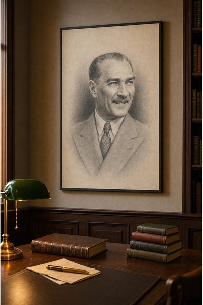 ZURİ DESİGN Atatürk Tablosu Çerçeve Görünümlü MDF Duvar Tablosu Karakalem ve ...