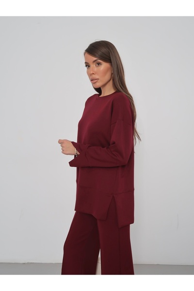 sea milano سترة نسائية طويلة الأكمام من قماش المودال بفتحة جانبية باللون العنابي