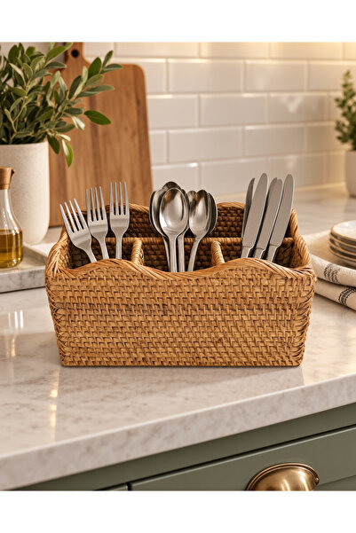 Doğal Rattan Örgü Çok Bölmeli Organizer Sepet – Mutfak, Banyo ve Ev Düzenleyici