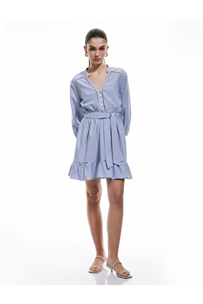 Koton Mandarin Collar Belted Long Sleeve Scalloped Lace Detailed Viscose Mini...