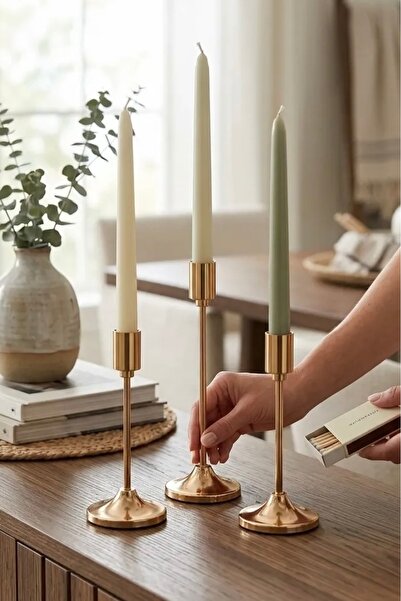 MaperaHome 3'lü ( Üçlü ) Düz Ayak Rose Gold Şamdan Mumluk Dekoratif Mumluk Pa...