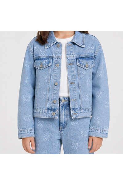 rony pony kids Girls' Laser Cat Print Denim Jacket and Pants Set – Wide Leg 2-Piece Denim Set