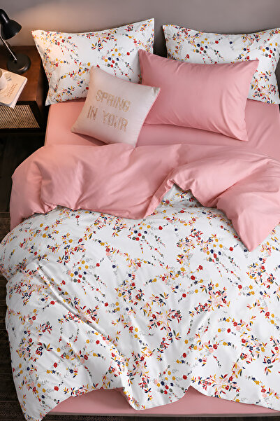 İQON Elastic Sheet Duvet Cover Set Double Size Botanical Salmon
