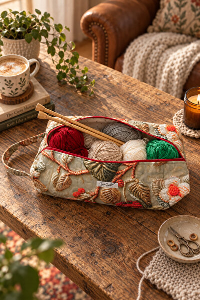 Ays Quilt Örgü Çantası - Dikiş El İşi Taşıma Çantası ve Yün Organizer