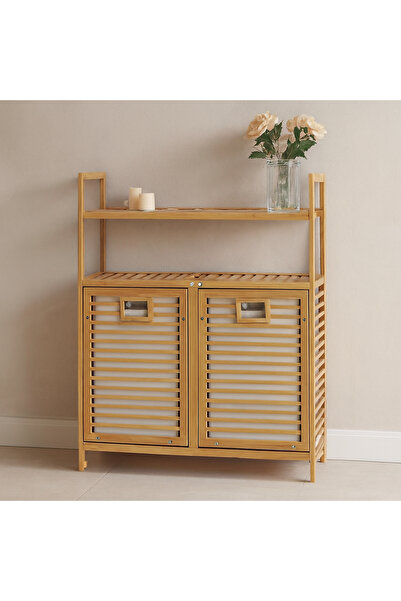 Generic Bambu Kirli Çamaşır Sepeti 2 Bölmeli 2 Kat Organizer 80x33x87 cm