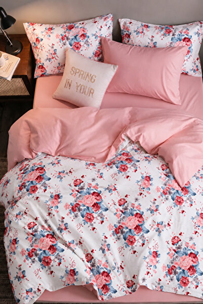İQON Elastic Sheet Duvet Cover Set Double Size Salmon Rose