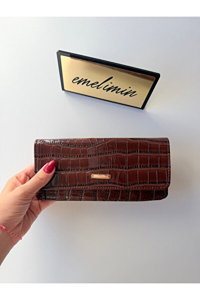 emelimin Women's Brown Crocodile Patterned Snap Fastener Multi-Compartment Lo...