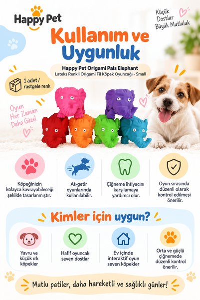 Happy Pet Origami Pals Elephant Latex Colorful Origami Elephant Dog Toy Small Size