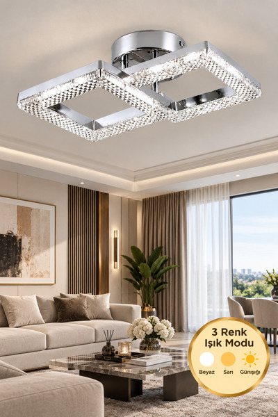 Lüxev Lighting Kare Model 2"li Gümüş 3 Renk Modu Ledli Modern Tavana sıfır Sa...