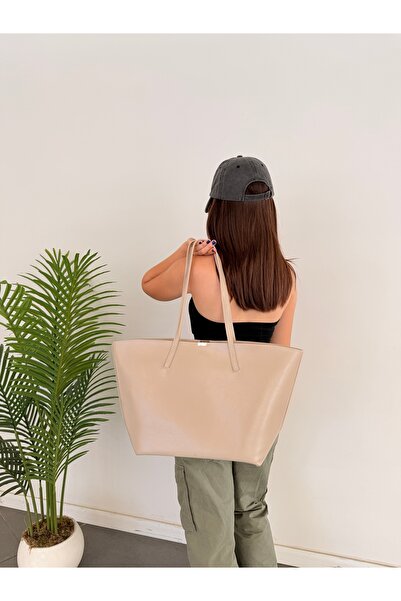 emelimin Women's Cream Large Size Faux Leather Shoulder Bag Tote Shopper Bag ...