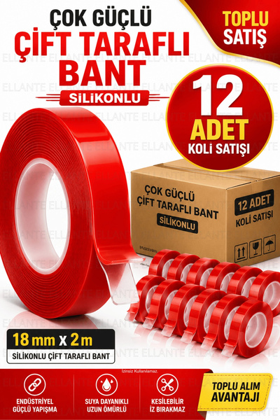 ellante 12 Adet Silikonlu Çift Taraflı Bant 18 mm x 2 m Güçlü Yapışkan Şeffaf...