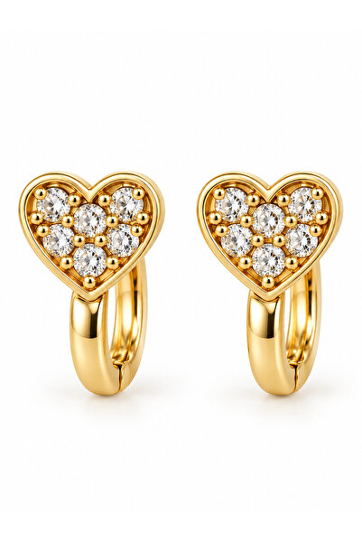 POKAK Kız Çocuk 14K Gold Altın Kaplama Zirkon Taşlı Kalp Figürlü Halka Küpe 8mm