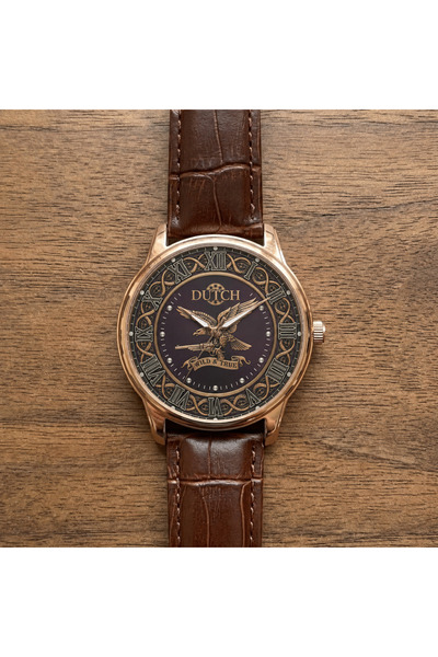 DUTCH STORE Classic watch with a brass case and brown leather strap – water r...