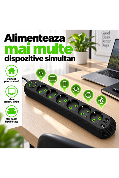 TnsAround Prelungitor cu 5 prize și 3 porturi USB, cablu 5 m, întrerupător ON/OFF, 2500W, 10A