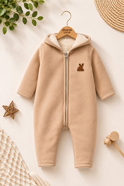 dinamik çocuk Baby Hooded Fleece Jumpsuit with Welsoft Zipper and Rabbit Deta...