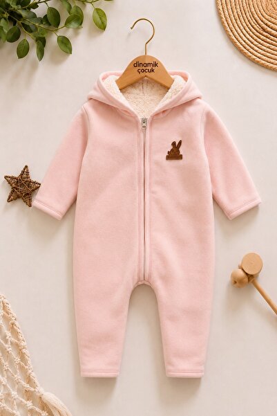 dinamik çocuk Baby Hooded Fleece Jumpsuit with Welsoft Zipper and Rabbit Deta...
