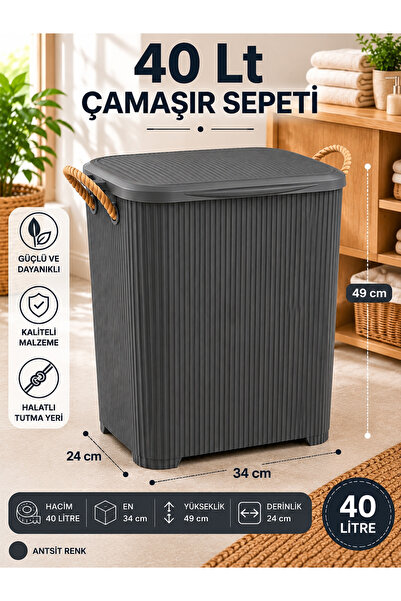 Buclee Liva Loft 40 L Kapaklı Çamaşır Sepeti – Halat Saplı