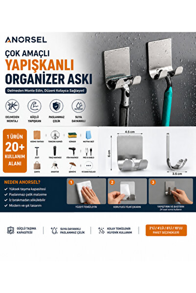 Anorsel 5 Adet Çok Amaçlı Yapışkanlı Askı Organizer Paslanmaz 304 Çelik 3m ya...
