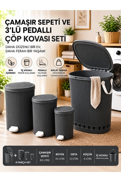 Buclee PREMIUM KANAL TASARIM ÇAMAŞIR SEPETİ VE PEDALLI ÇÖP KOVASI SETİ (65L, ...