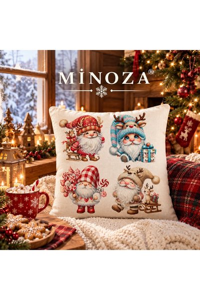 MİNOZA Cute Christmas Gnome Patterned Digital Printed Throw Pillow Cover 43X43 cm (Cute Christmas Gnome Cushion)