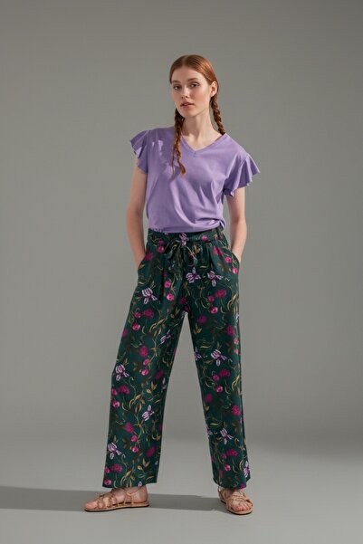 I BIZA Combed Cotton Pajama Set Ruffle Sleeves V-Neck Lilac Top Floral Patter...