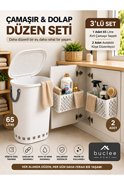 Buclee 3’lü Çamaşır & Dolap Düzen Seti 65 L Çamaşır Sepeti 2’li Köşe Düzenleyici