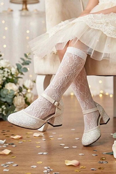 NeSe Shoes Kız Çocuk Topuklu Ayakkabı, Simli Abiye Ayakkabı —