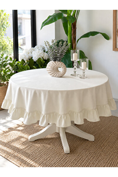 Decamor home Pearl Velvet Textured Ruffled Tablecloth White