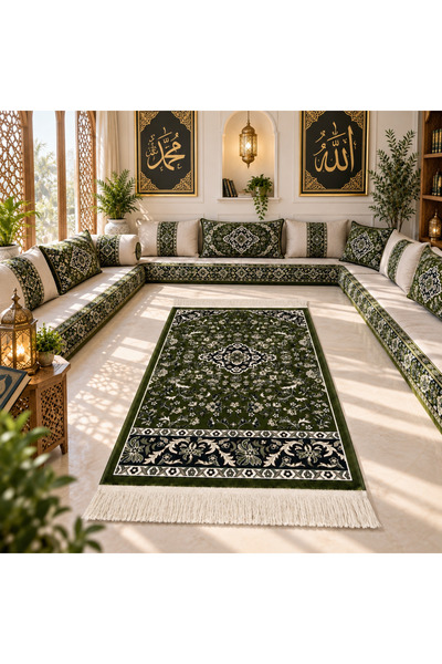 Al Haramain 001_Yeşil_4mm Medine-i Münevvere Mescid Modeli Dokuma Seccade