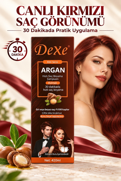 Dexe Argan Özlü Kırmızı Saç Boyama Şampuanı 420 ml – 30 Dakikada %100 Beyaz K...