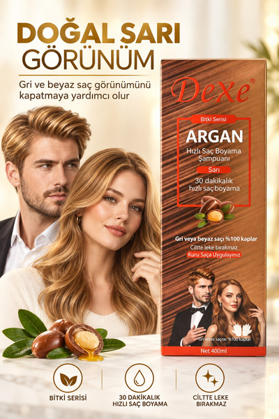 Dexe Argan Özlü Sarı Saç Boyama Şampuanı 420 ml – 30 Dakikada %100 Beyaz Kapatma