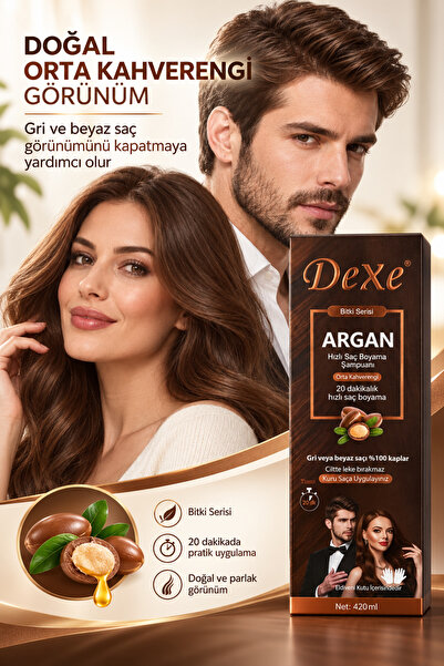 Dexe Argan Özlü Orta Kahverengi Saç Boyama Şampuanı 420 ml – 20 Dakikada %100 Beyaz Kapatma